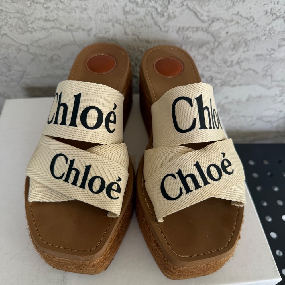 Chloe Woody Canvas Espadrilles Platform Sandals Size 41 EU‎ 10 US White x Brown